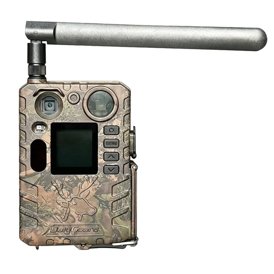 BolyGuard 4G LTE cellular trail camera with camouflage housing, large antenna, dual lenses, display screen, and control buttons