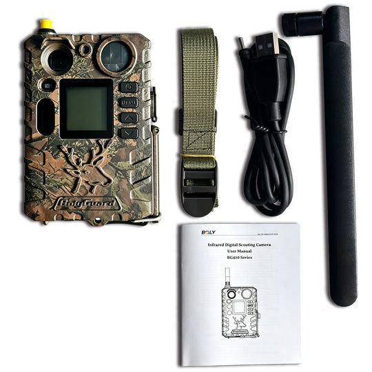 BolyGuard cellular trail camera kit with camouflage camera, mounting strap, cable, antenna, and user manual