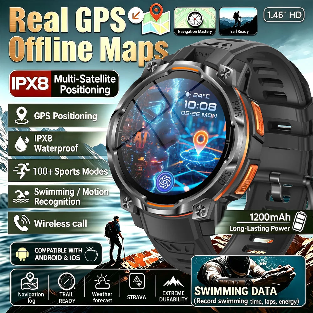 Black GPS outdoor smartwatch showing offline map navigation, IPX8 waterproofing, 1200mAh battery, and sports tracking