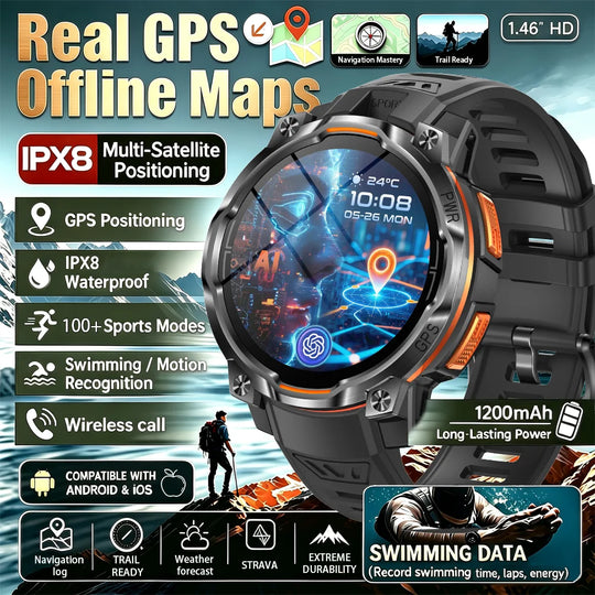 Black GPS outdoor smartwatch showing offline map navigation, IPX8 waterproofing, 1200mAh battery, and sports tracking