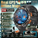 Black GPS outdoor smartwatch showing offline map navigation, IPX8 waterproofing, 1200mAh battery, and sports tracking