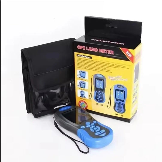 GPS land meter with packaging and carrying case on a white background