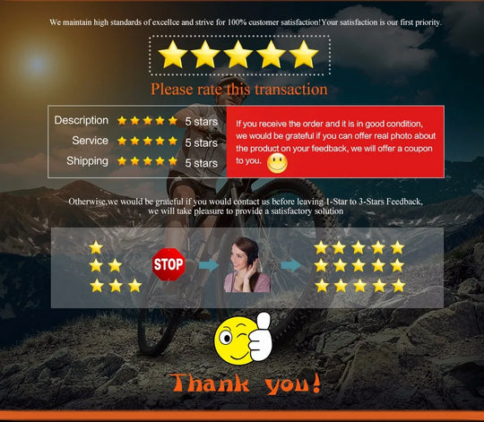 Customer feedback graphic asking buyers to rate their transaction five stars for description service and shipping and contact support before leaving low feedback