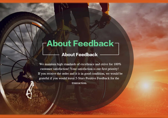 Website feedback section over a sunset cycling image, inviting customers to leave five star reviews after their transaction