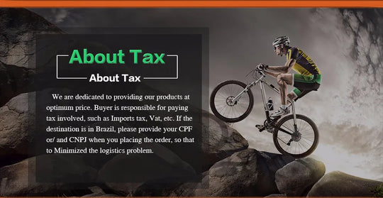 About Tax banner with a mountain biker riding over rocky terrain and text explaining Brazilian tax and CPF or CNPJ requirements
