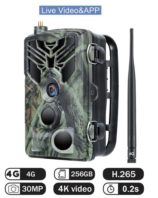 Camouflage 4G trail camera with external antenna, live video app control, 30MP imaging, 4K video, 256GB support and 0.2s trigger speed