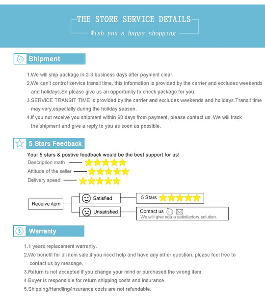Store service details infographic showing shipment information, five star feedback instructions, and warranty terms