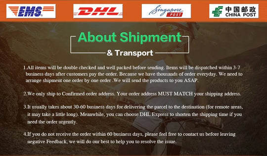 Shipping and transport information graphic with EMS, DHL, Singapore Post, and China Post logos and delivery policy details