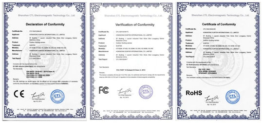 Three product compliance certificates showing Declaration of Conformity, Verification of Conformity, CE, FCC, and RoHS markings