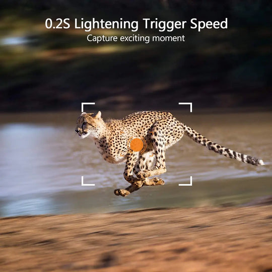 GPS trail camera feature graphic showing a cheetah sprinting through shallow water with 0.2 second lightning trigger speed for capturing fast wildlife action