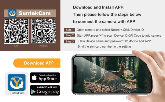 SuntekCam app download guide with iOS and Android QR codes, setup steps, and smartphone displaying a deer trail camera video