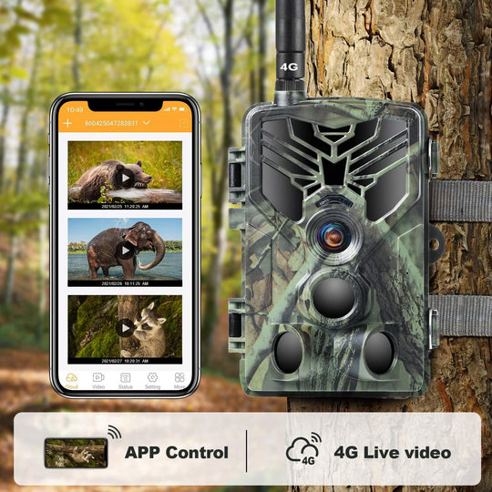 GPS 4G trail camera strapped to a tree beside a smartphone showing wildlife images, with app control and 4G live video features visible