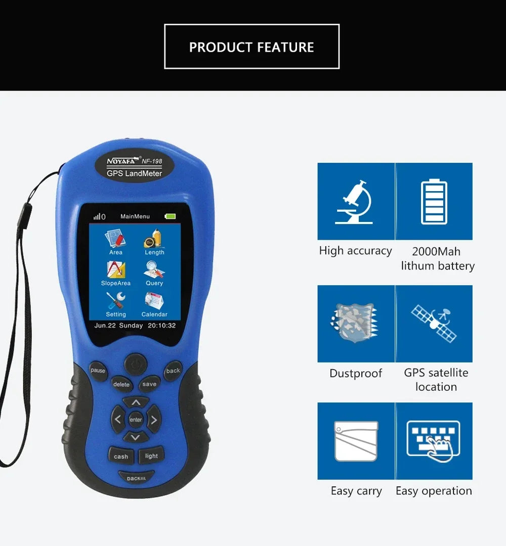 Noyafa NF-198 GPS Land Survey Meterhandheld device with screen displaying icons, surrounded by feature icons on a white background.