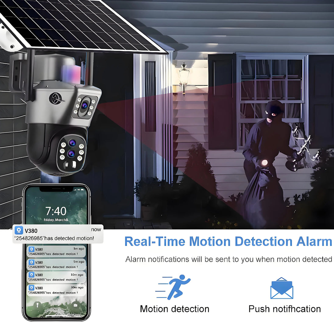 GPS solar outdoor security camera with dual lenses, motion detection, and push notifications shown on a smartphone during nighttime monitoring