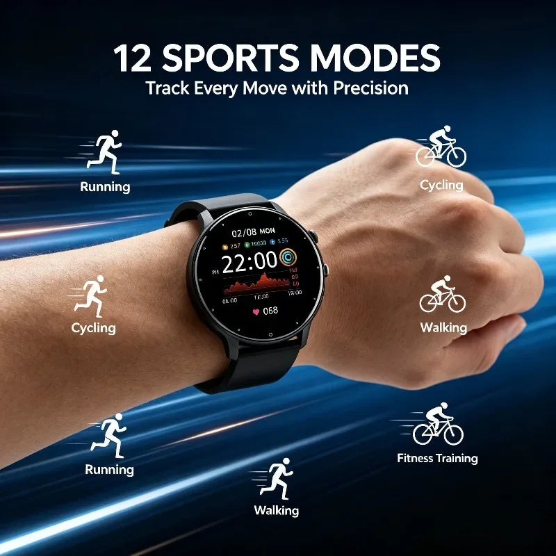 Smartwatch worn on a wrist with sports mode icons for running, cycling, walking, and fitness training