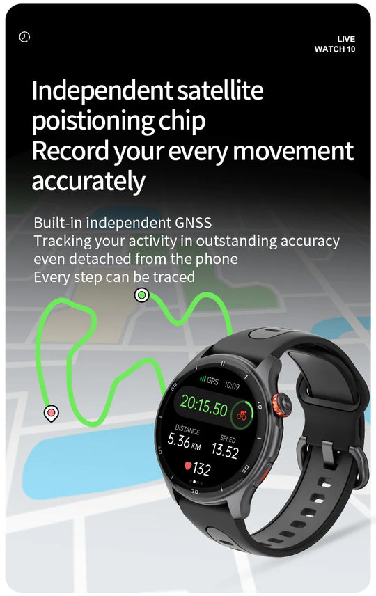 GPS outdoor sports smartwatch with round display showing workout data over a map and green route tracking line