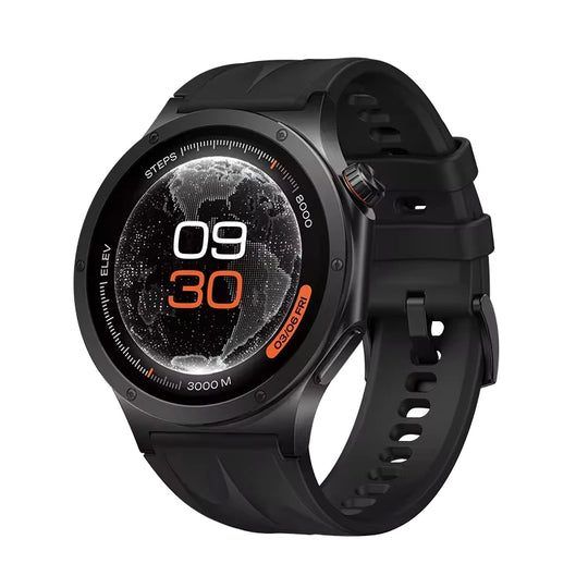 Black OnePlus Watch 4 smartwatch with round display showing 09:30, a world map, steps, elevation, and a black silicone strap