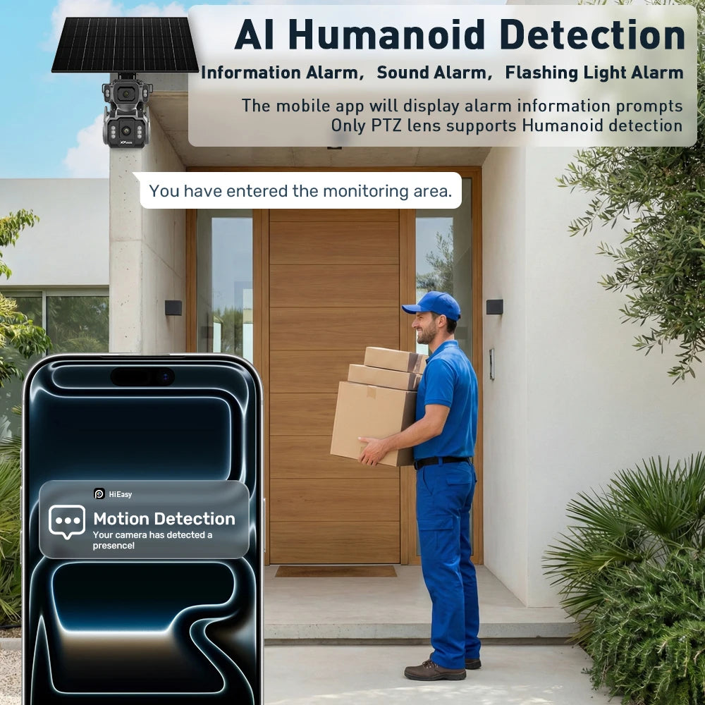 GPS outdoor solar security camera with AI humanoid detection watches a delivery person while the mobile app displays a motion detection alert