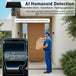 GPS outdoor solar security camera with AI humanoid detection watches a delivery person while the mobile app displays a motion detection alert