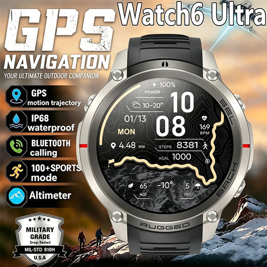 Rugged GPS military smartwatch with map display, GPS navigation, IP68 waterproofing, Bluetooth calling and altimeter
