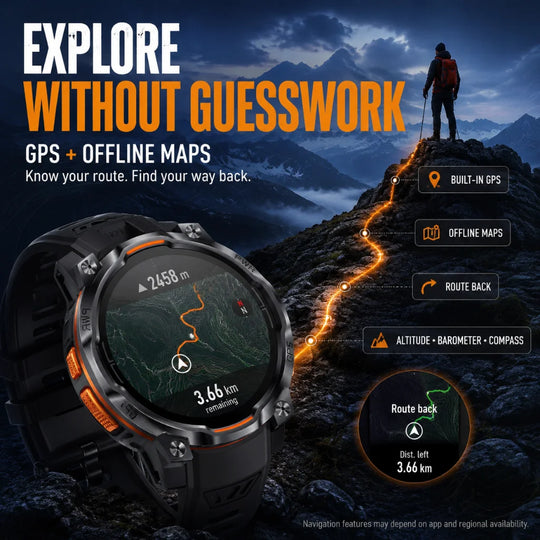 Tactical GPS smartwatch showing an offline mountain route map with built in GPS route back altitude barometer and compass features