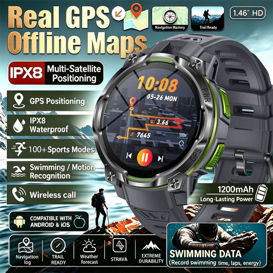 GPS tactical smartwatch with offline map display, GPS positioning, IPX8 waterproofing, sports tracking and 1200mAh battery
