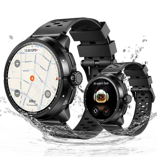 DOOGEE Anymoving M1 Pro tactical smartwatch pair with GPS map navigation and AI watch face shown splashing through water