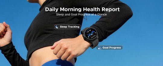 Person wearing a GPS smartwatch with daily morning health report, sleep tracking, and goal progress displayed on screen overlays