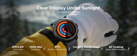 GPS tactical smartwatch on a gloved wrist with clear AMOLED display, 1000 nits brightness, Gorilla Glass and AF coating