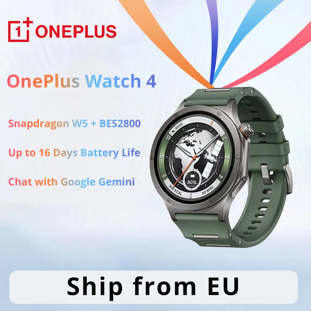 OnePlus Watch 4 smartwatch in green with Snapdragon W5 and BES2800, up to 16 days battery life, GPS tracking, and Google Gemini chat support