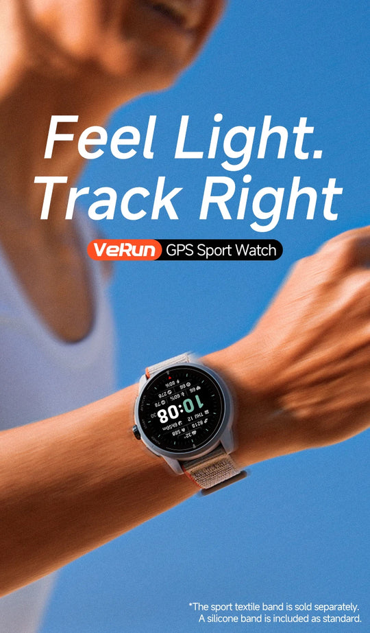 GPS VeRun sports watch worn by a runner, displaying workout data with the message Feel Light Track Right against a blue background