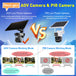 GPS infographic comparing solar AOV and PIR surveillance cameras, showing full frame recording after human detection versus no recording in standby mode