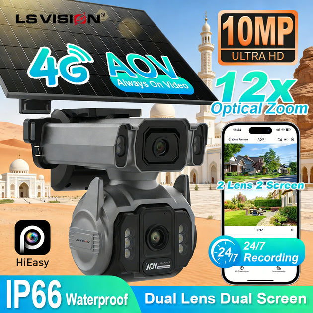 GPS LS VISION solar security camera with 4G AOV tracking, 12x optical zoom, dual lenses, 24/7 recording, IP66 waterproof design, and phone app display