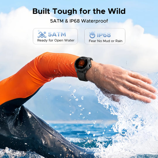 DOOGEE Anymoving M1 Pro smartwatch worn by a swimmer in splashing water, featuring 5ATM water resistance and IP68 protection
