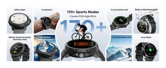 Rugged black GPS smartwatch feature collage showing offline maps, AI assistant, sports modes, long battery life, water resistance, AMOLED display, and local music storage