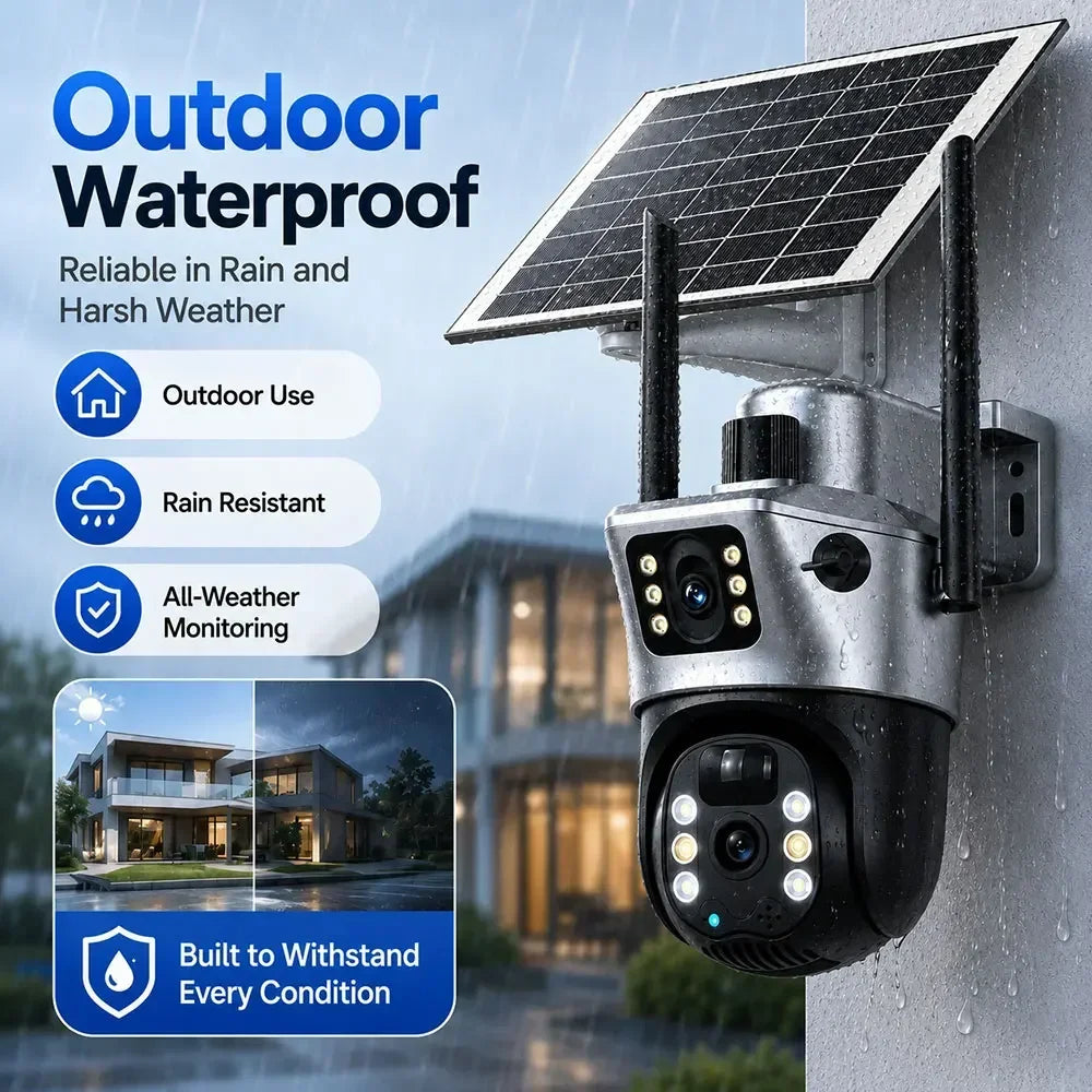 GPS outdoor solar powered PTZ security camera with dual lenses mounted on a wall under a solar panel for rain resistant all weather monitoring