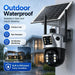 GPS outdoor solar powered PTZ security camera with dual lenses mounted on a wall under a solar panel for rain resistant all weather monitoring