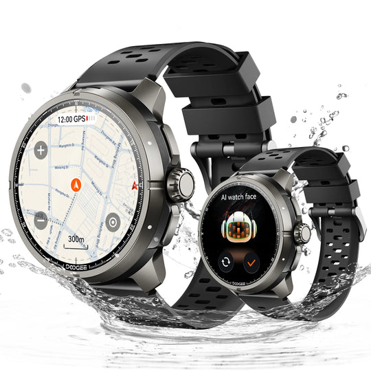 DOOGEE Anymoving M1 Pro tactical smartwatches with GPS map and AI watch face shown splashing through water