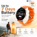 Smartwatch with orange band and round touch screen beside a seven day battery life infographic and hiker outdoors