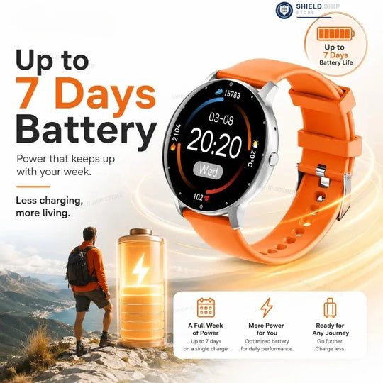 GPS smartwatch with orange band showing seven day battery life, digital time display, and hiker viewing a mountain landscape beside a battery graphic