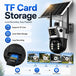 GPS solar powered PTZ security camera with dual lenses, TF card local recording and easy playback, shown with a solar panel and 128GB memory card