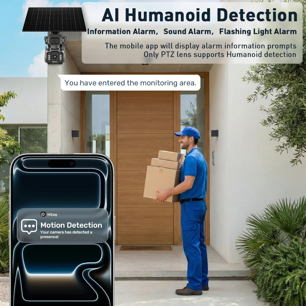 GPS solar security camera with smartphone motion detection alert, monitoring a delivery visitor at a front door and promoting AI humanoid detection