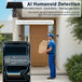 GPS solar security camera with smartphone motion detection alert, monitoring a delivery visitor at a front door and promoting AI humanoid detection