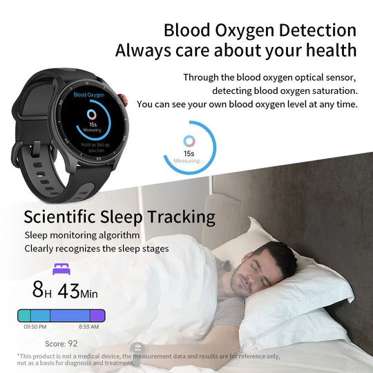 GPS smartwatch showing blood oxygen detection and sleep tracking beside a sleeping man with 8 hours 43 minutes sleep