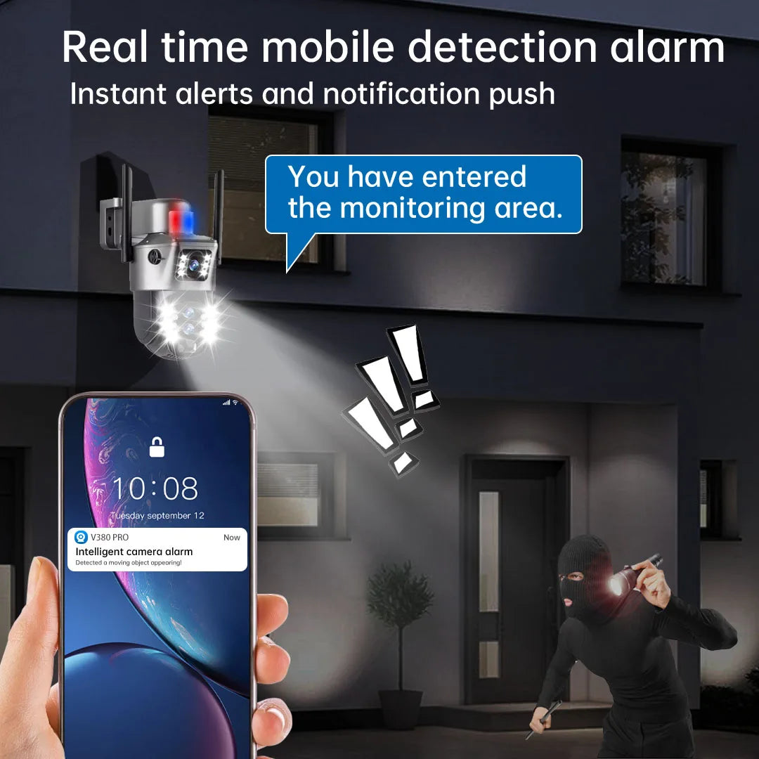 GPS outdoor security camera detects an intruder at night and sends an instant mobile alert while its spotlight illuminates the monitored entrance