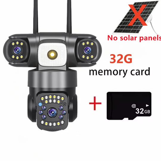 GPS outdoor PTZ security camera with multiple lenses, dual antennas, central spotlight, and included 32GB memory card, shown without solar panels