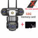 GPS outdoor PTZ security camera with multiple lenses, dual antennas, central spotlight, and included 32GB memory card, shown without solar panels