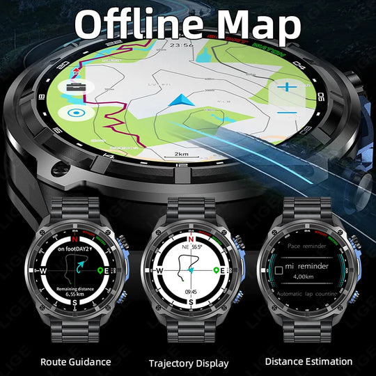 Outdoor military GPS smartwatch displaying an offline map with route guidance, trajectory display, and distance estimation