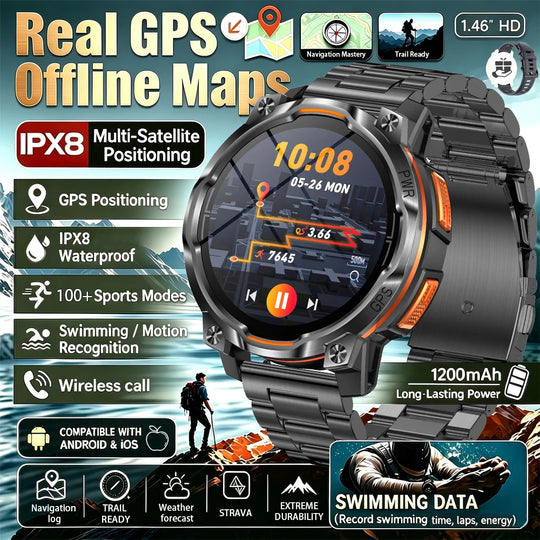 Promotional infographic of a rugged GPS smartwatch with offline maps, IPX8 waterproofing, 1200mAh battery and sports tracking
