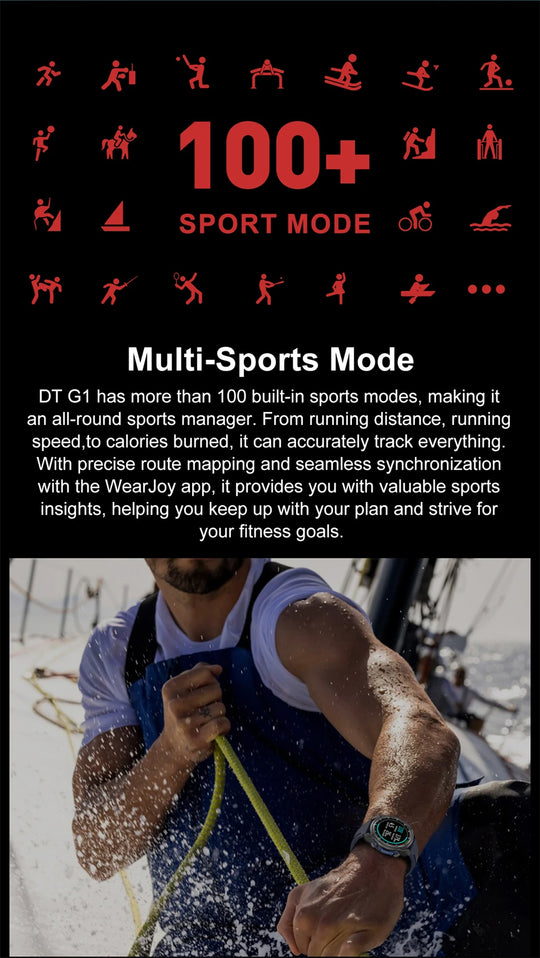 GPS smartwatch promotional graphic showing over 100 sport modes and a runner wearing the watch during a workout